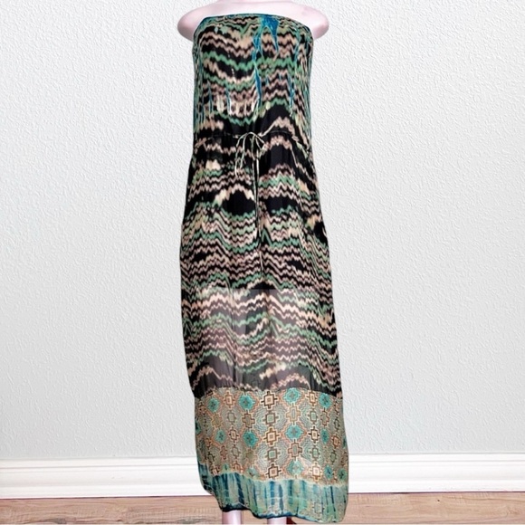 Language Silk Southwest Boho Tribal Strapless Maxi Dress Turquoise SZ S - Picture 2 of 13